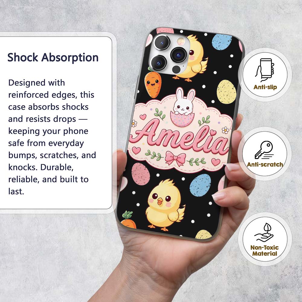 Cute Easter Bunny Chick Egg Carrot Pastel Spring Custom Name Protective Phone Case Mobile Cover Durable Everyday Smartphone Shock Resistant