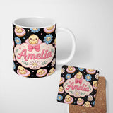 Personalized Custom Name Cute Chick Donut Flower Kawaii Spring Sweet Seamless Pattern Name 11oz Ceramic Coffee Tea Mug White Large Handle
