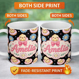 Personalized Custom Name Cute Chick Donut Flower Kawaii Spring Sweet Seamless Pattern Name 11oz Ceramic Coffee Tea Mug White Large Handle
