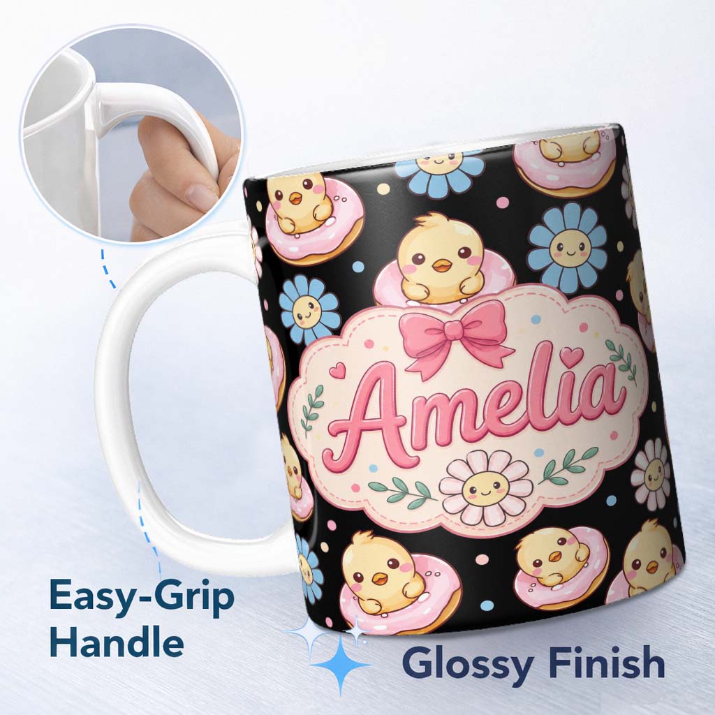 Personalized Custom Name Cute Chick Donut Flower Kawaii Spring Sweet Seamless Pattern Name 11oz Ceramic Coffee Tea Mug White Large Handle