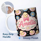 Personalized Custom Name Cute Chick Donut Flower Kawaii Spring Sweet Seamless Pattern Name 11oz Ceramic Coffee Tea Mug White Large Handle
