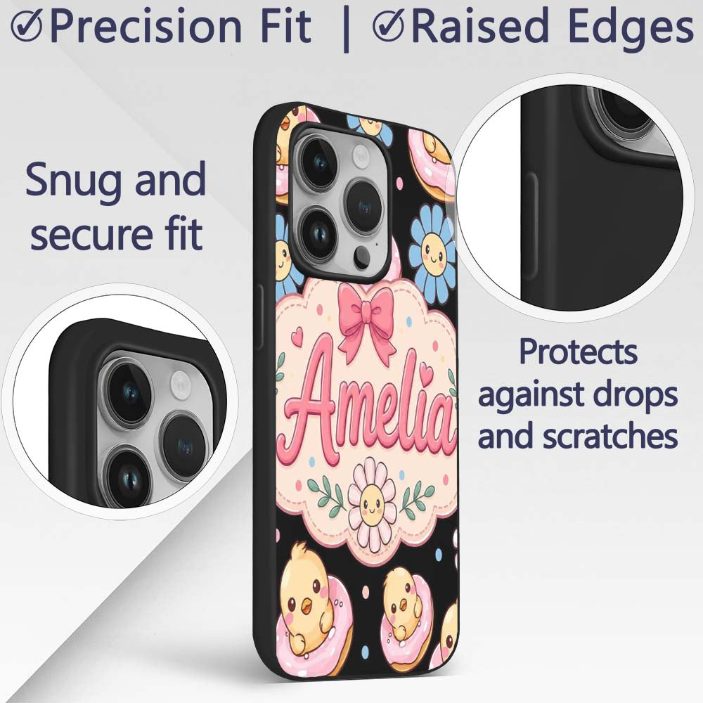 Cute Chick Donut Flower Kawaii Printed Design Custom Name Protective Phone Case Mobile Cover Durable Everyday Smartphone Shock Resistant