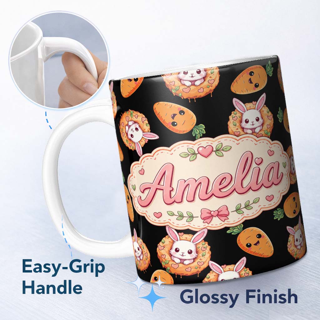 Personalized Custom Name Cute Bunny Carrot Donut Kawaii Easter Sweet Seamless Pattern Name 11oz Ceramic Coffee Tea Mug White Large Handle