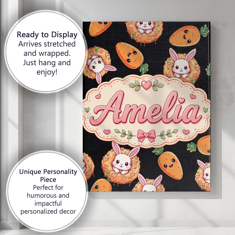 Personalised Name Cute Bunny Carrot Donut Custom  Unique Gift Idea Elegant Feature Canvas Wall Art Print Decor Picture Ready to Hang
