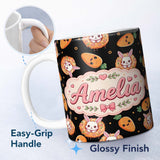 Personalized Custom Name Cute Bunny Carrot Donut with Dots Easter Sweet Seamless Pattern Name 11oz Ceramic Coffee Tea Mug White Large Handle