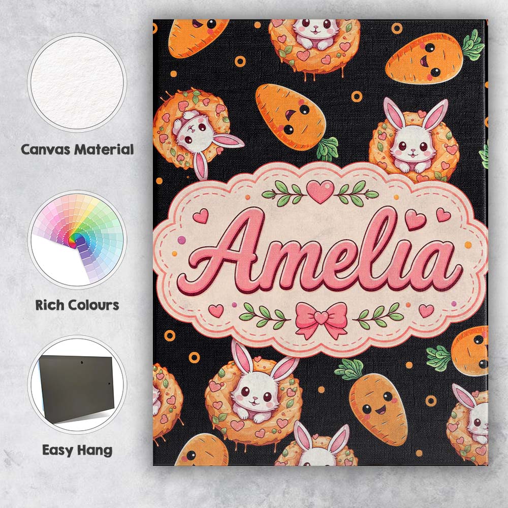 Personalised Name Cute Bunny Carrot Donut Custom  Unique Gift Idea Elegant Feature Canvas Wall Art Print Decor Picture Ready to Hang
