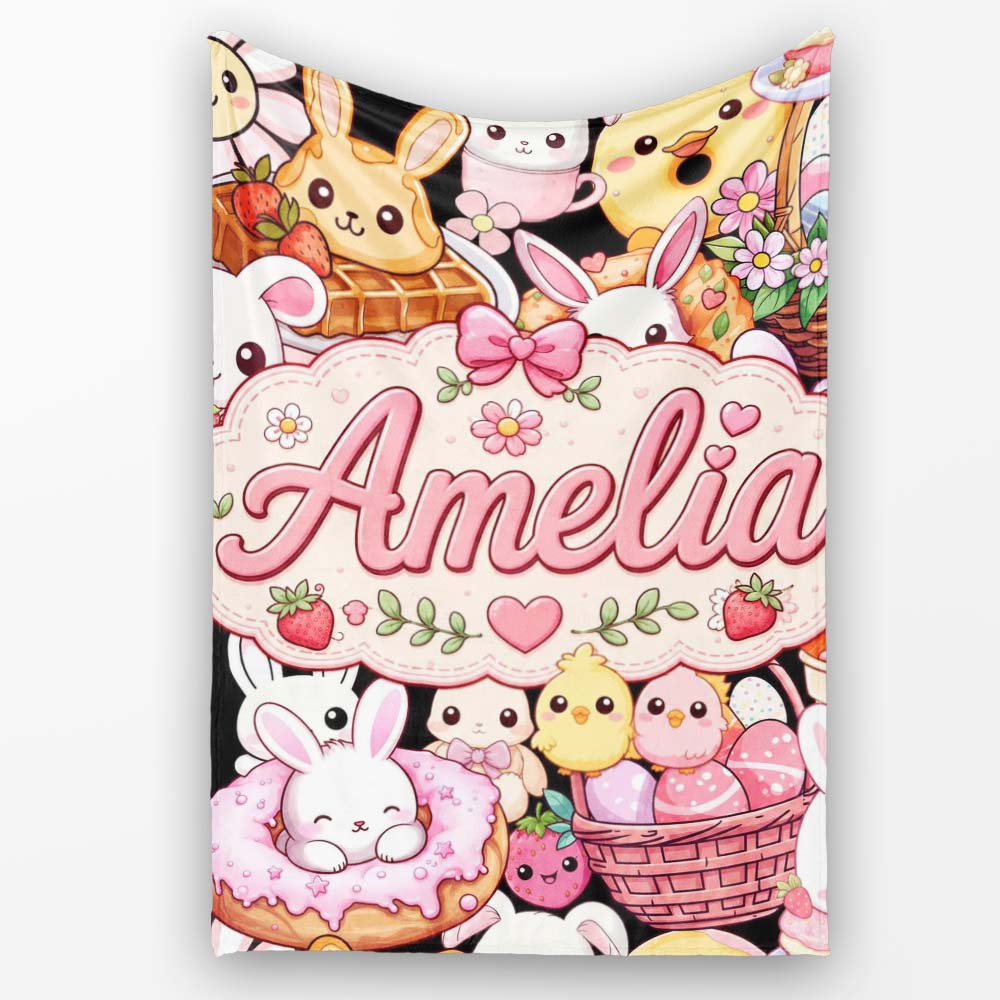 Cute Easter Bunny Chick Basket Egg Sweet Kawaii Seamless Pattern  Personalised Custom Name Super Soft Fleece Blanket Bed Sofa Throw