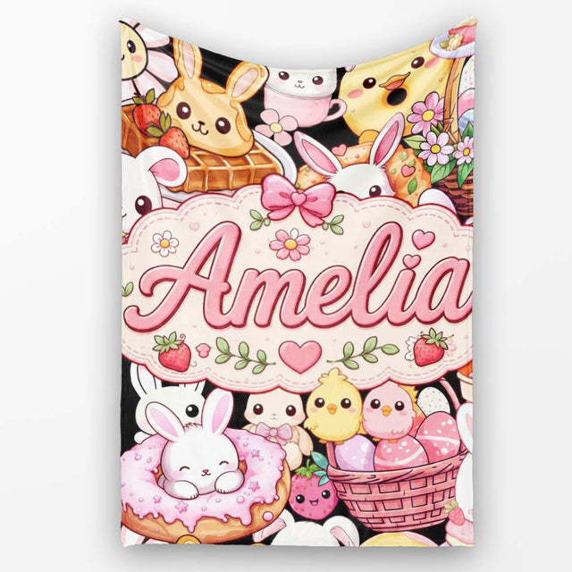 Cute Easter Bunny Chick Basket Egg Sweet Kawaii Seamless Pattern  Personalised Custom Name Super Soft Fleece Blanket Bed Sofa Throw