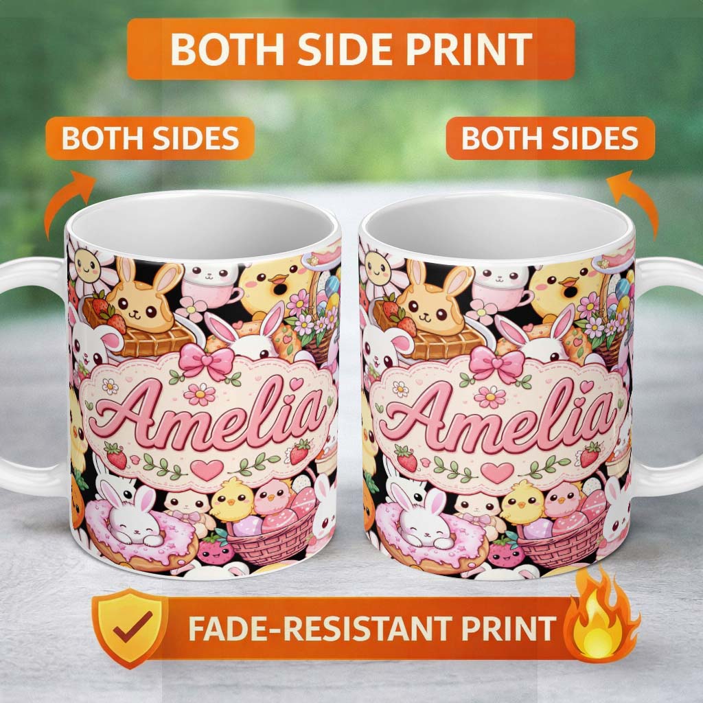 Personalized Custom Name Cute Easter Bunny Chick Basket Egg Sweet Kawaii Seamless Pattern 11oz Ceramic Coffee Tea Mug White Large Handle