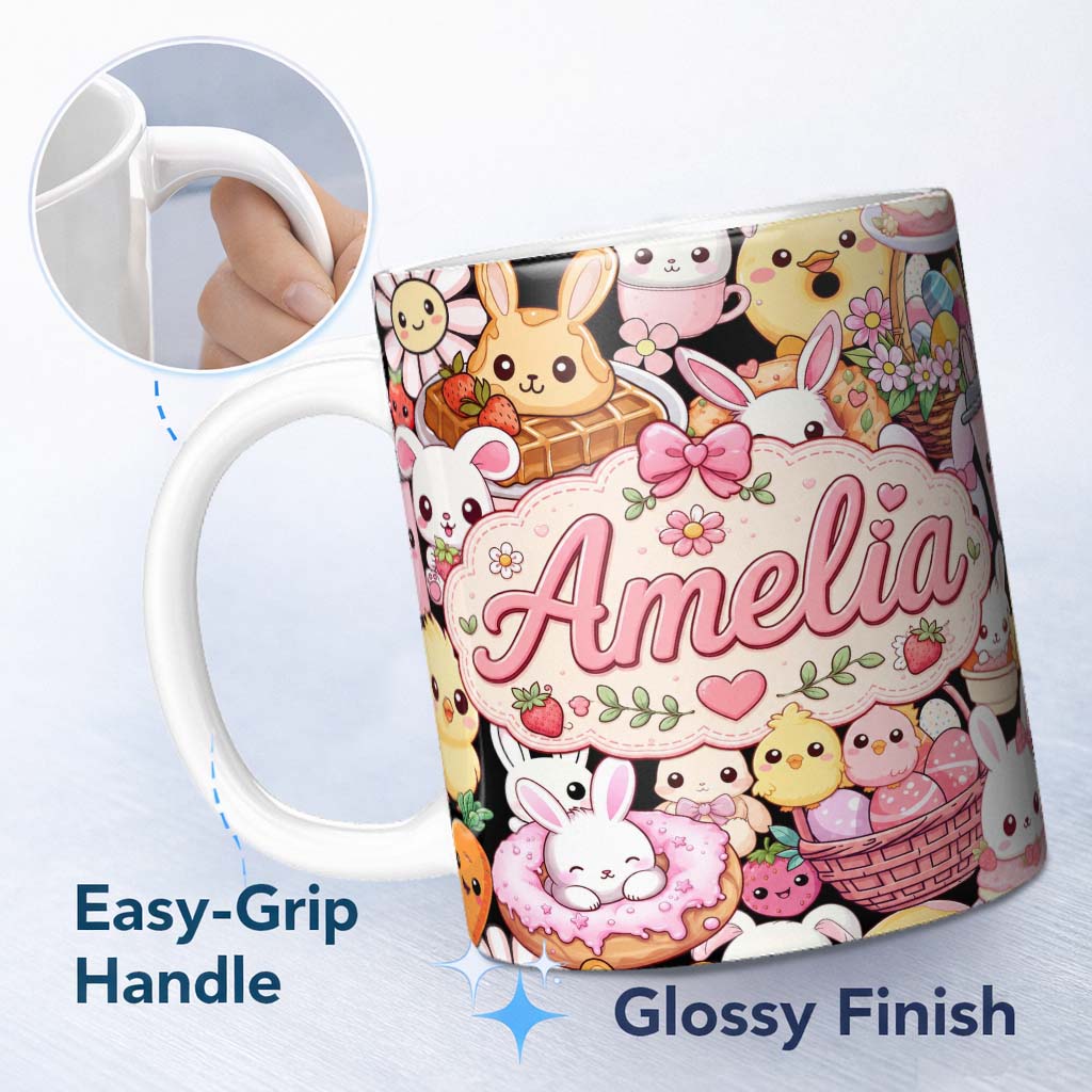 Personalized Custom Name Cute Easter Bunny Chick Basket Egg Sweet Kawaii Seamless Pattern 11oz Ceramic Coffee Tea Mug White Large Handle
