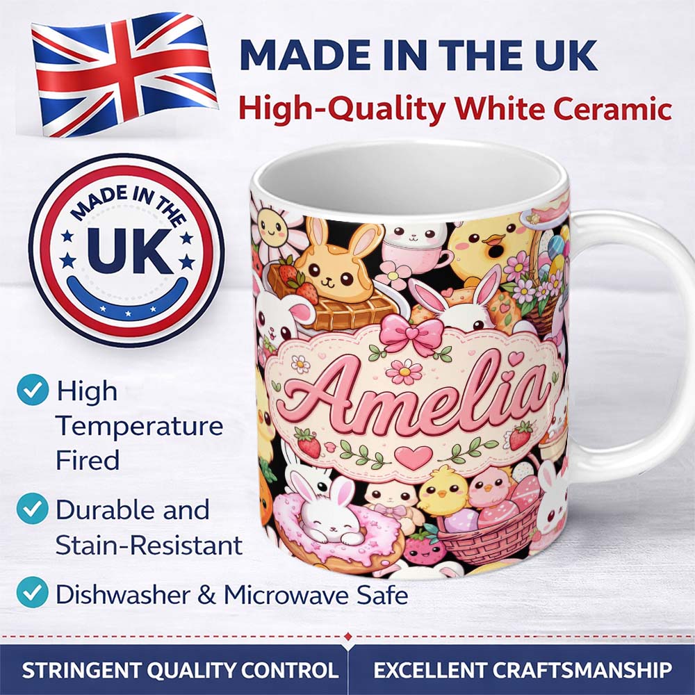 Personalized Custom Name Cute Easter Bunny Chick Basket Egg Sweet Kawaii Seamless Pattern 11oz Ceramic Coffee Tea Mug White Large Handle