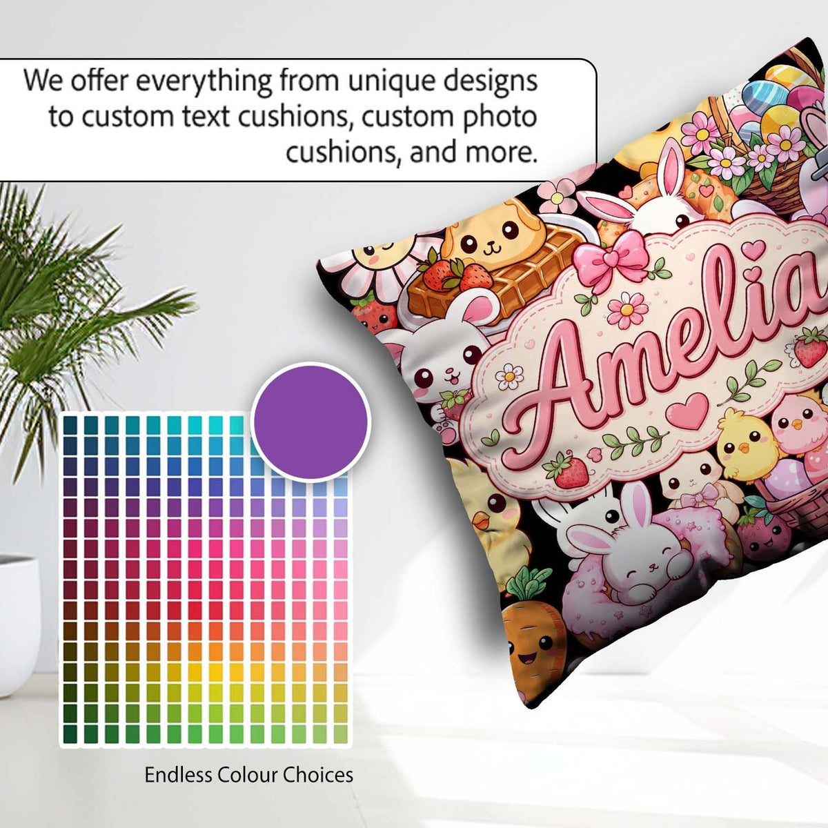 Custom Name Easter Bunny Chick Basket Egg Sweet Seamless Pattern Square Filled Cushion Throw Pillow Sofa Bed Home Decor Zip Washable UK Made