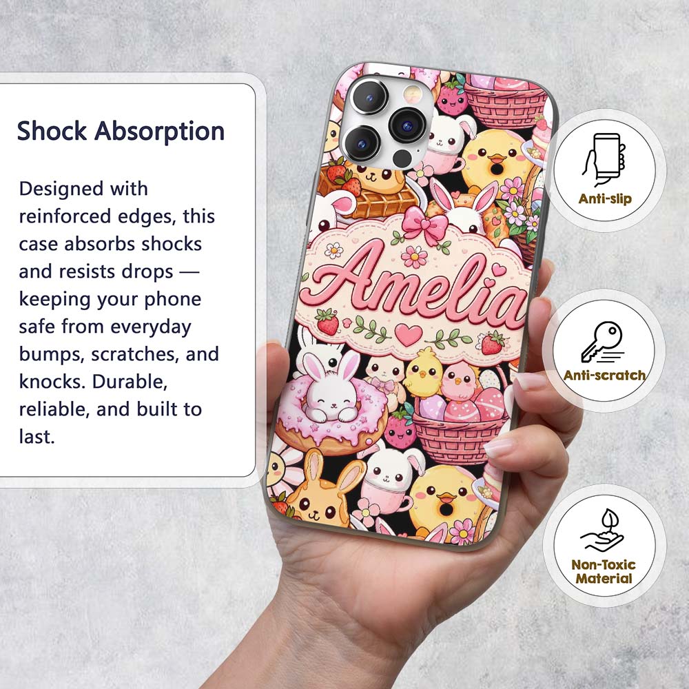 Cute Easter Bunny Chick Basket Egg Sweet Kawaii Custom Name Protective Phone Case Mobile Cover Durable Everyday Smartphone Shock Resistant