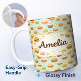 Personalized Custom Name Cute Burger Seamless Pattern Mint Background Fast Food Design Lovely 11oz Ceramic Coffee Tea Mug White Large Handle
