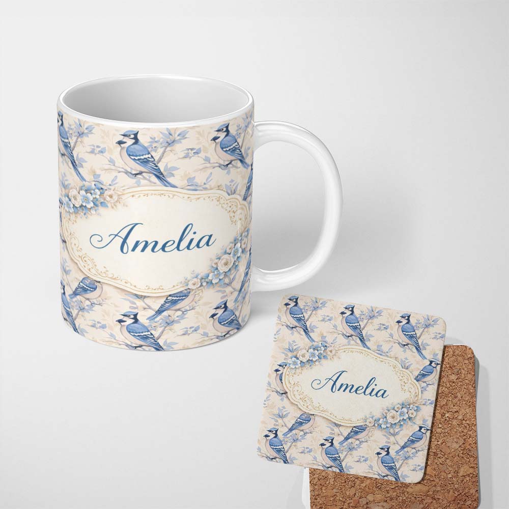 Personalized Custom Name Vintage Blue Jay Bird Floral Toile Classic Botanical Nature Design 11oz Ceramic Coffee Tea Mug White Large Handle