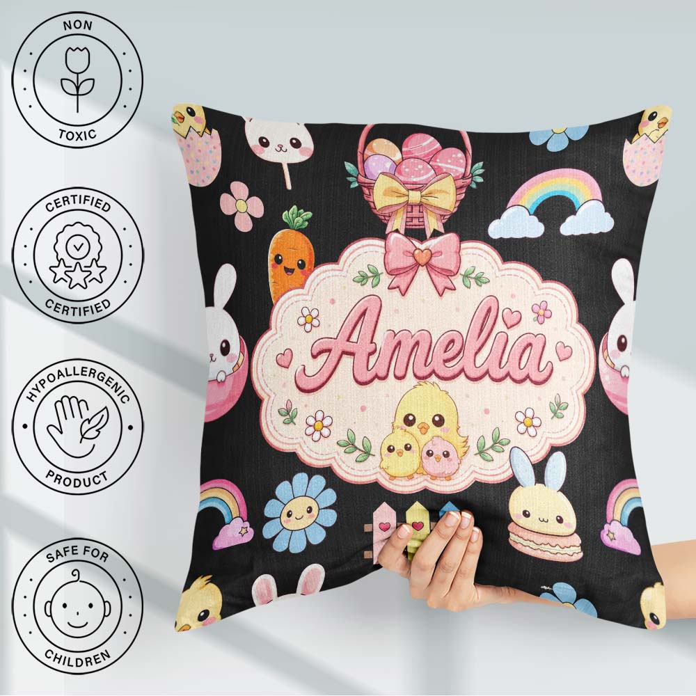 Custom Name Easter Chick Bunny Flower Fence Pastel Seamless Name Square Filled Cushion Throw Pillow Sofa Bed Home Decor Zip Washable UK Made