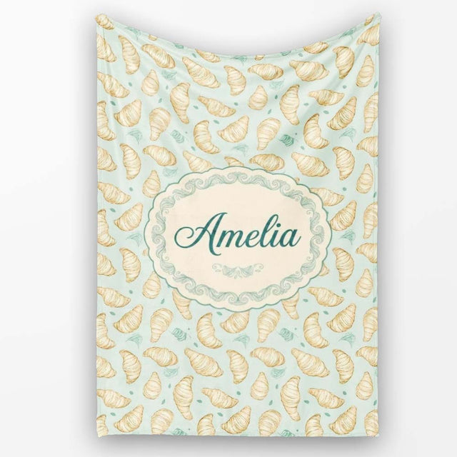 Minimal Line Art Croissant Pattern Soft Green Background Modern  Personalised Custom Name Super Soft Fleece Blanket Bed Sofa Throw