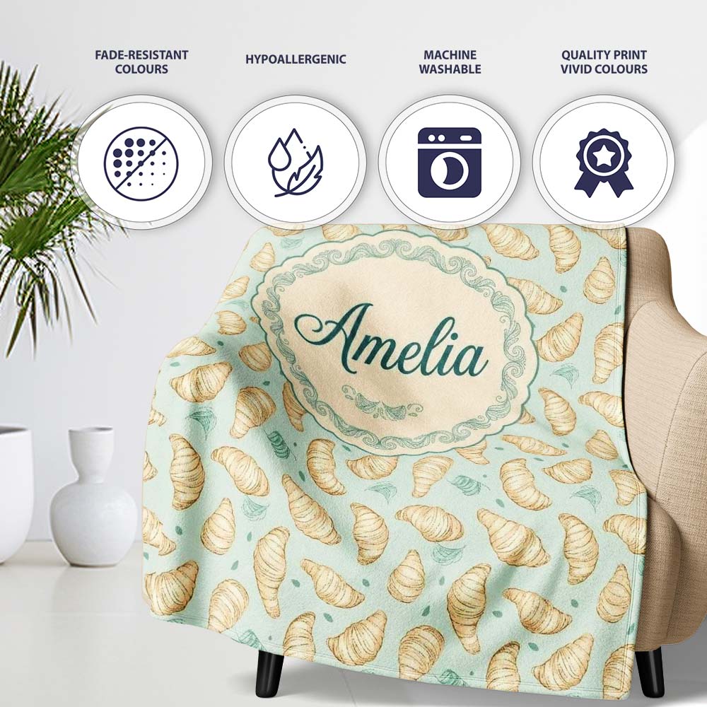 Minimal Line Art Croissant Pattern Soft Green Background Modern  Personalised Custom Name Super Soft Fleece Blanket Bed Sofa Throw