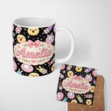 Personalized Custom Name Cute Bunny Ice Cream Donut Dessert Sweet Kawaii Seamless Pattern 11oz Ceramic Coffee Tea Mug White Large Handle