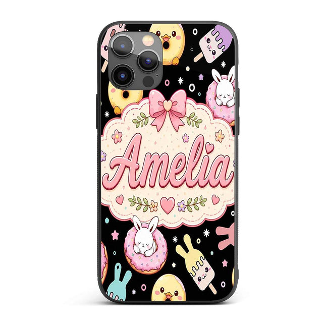 Cute Bunny Ice Cream Donut Dessert Sweet Kawaii Custom Name Protective Phone Case Mobile Cover Durable Everyday Smartphone Shock Resistant