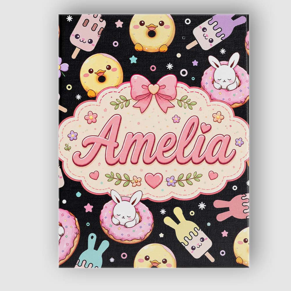 Personalised Name Cute Bunny Ice Cream Custom  Modern Room Accent Elegant Feature Canvas Wall Art Print Decor Picture Ready to Hang