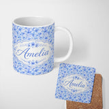 Personalized Custom Name Blue Watercolor Floral Dense Seamless Pattern Elegant Botanical 11oz Ceramic Coffee Tea Mug White Large Handle