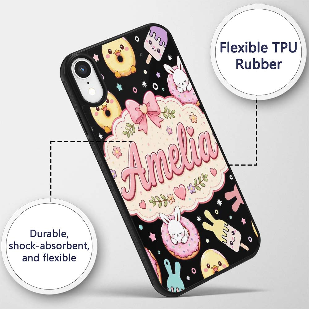 Cute Bunny Ice Cream Donut Dessert Sweet Kawaii Custom Name Protective Phone Case Mobile Cover Durable Everyday Smartphone Shock Resistant