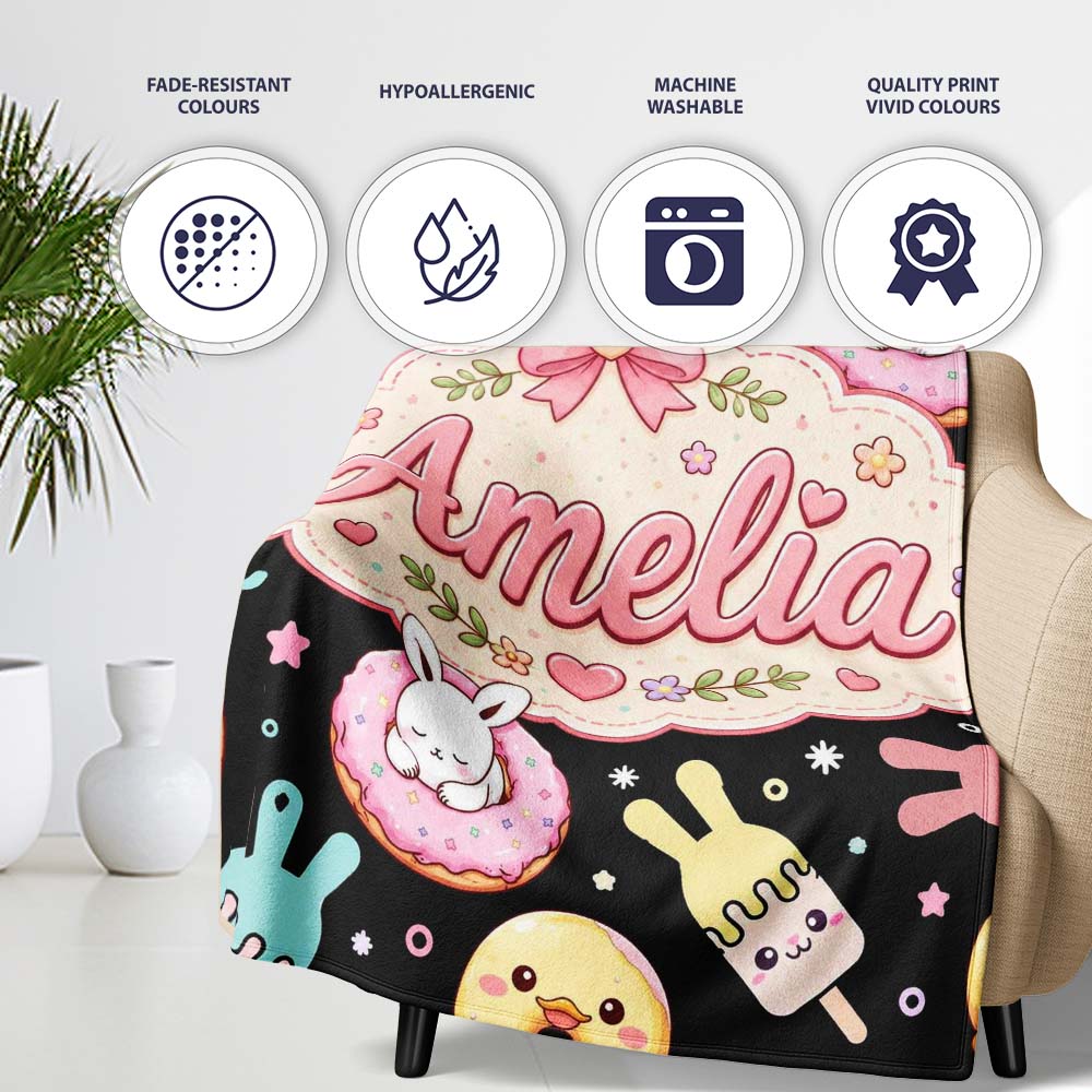 Cute Bunny Ice Cream Donut Dessert Sweet Kawaii Seamless Pattern  Personalised Custom Name Super Soft Fleece Blanket Bed Sofa Throw