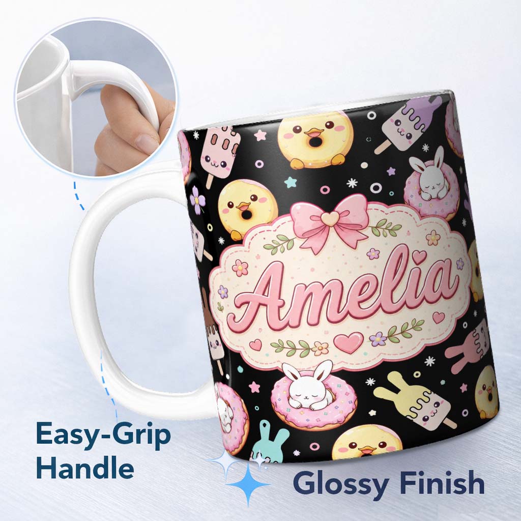 Personalized Custom Name Cute Bunny Ice Cream Donut Dessert Sweet Kawaii Seamless Pattern 11oz Ceramic Coffee Tea Mug White Large Handle