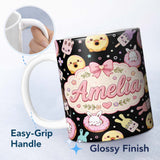 Personalized Custom Name Cute Bunny Ice Cream Donut Dessert Sweet Kawaii Seamless Pattern 11oz Ceramic Coffee Tea Mug White Large Handle