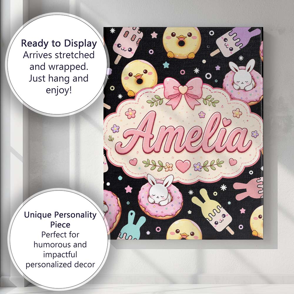 Personalised Name Cute Bunny Ice Cream Custom  Modern Room Accent Elegant Feature Canvas Wall Art Print Decor Picture Ready to Hang