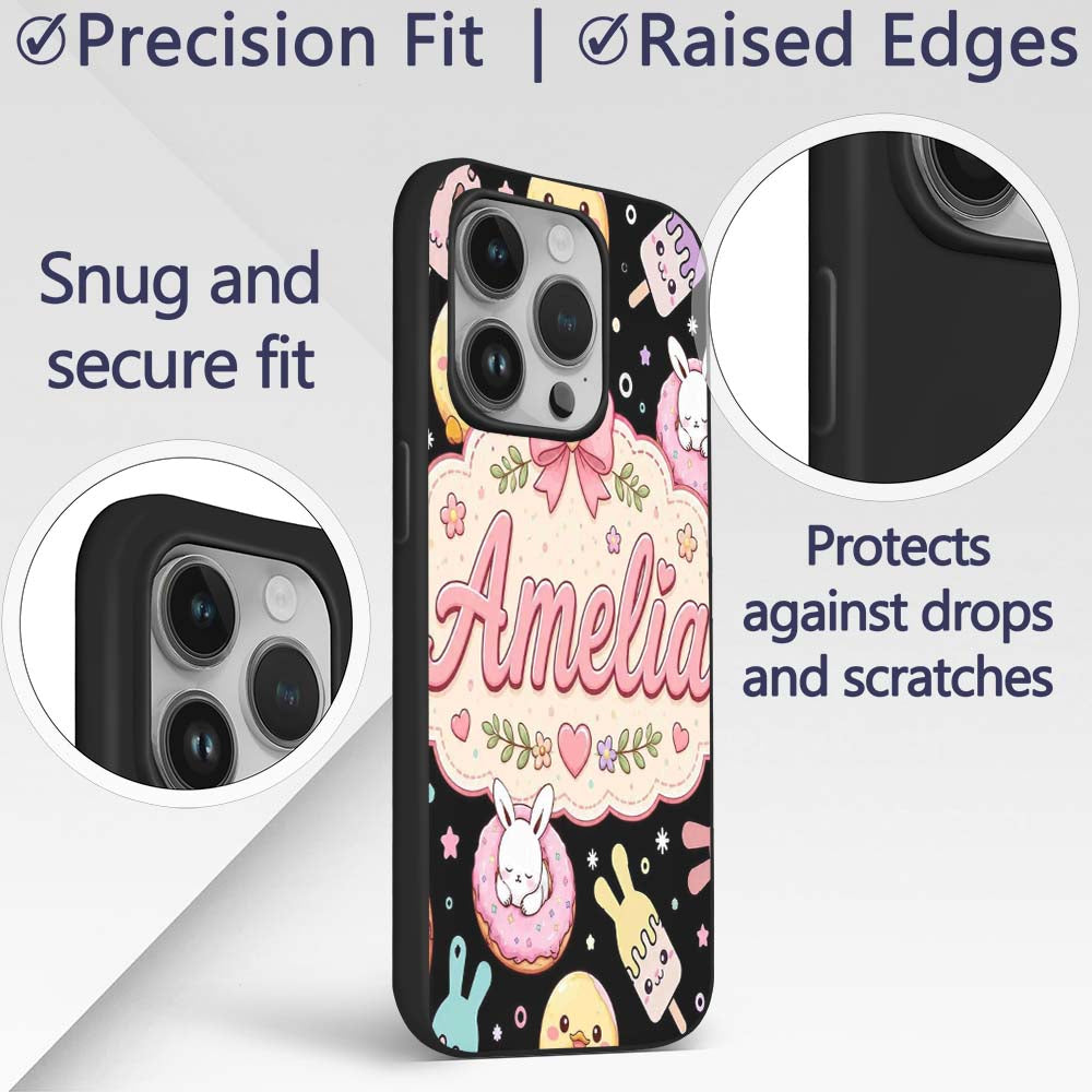 Cute Bunny Ice Cream Donut Dessert Sweet Kawaii Custom Name Protective Phone Case Mobile Cover Durable Everyday Smartphone Shock Resistant