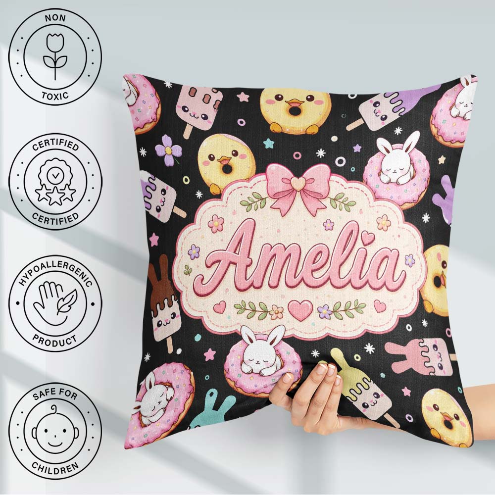 Custom Name Bunny Ice Cream Donut Dessert Sweet Seamless Pattern Square Filled Cushion Throw Pillow Sofa Bed Home Decor Zip Washable UK Made