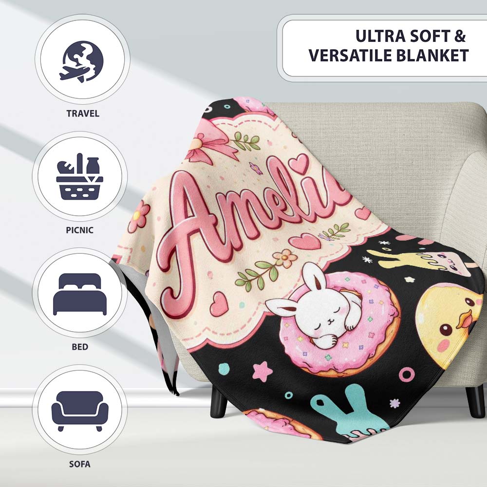 Cute Bunny Ice Cream Donut Dessert Sweet Kawaii Seamless Pattern  Personalised Custom Name Super Soft Fleece Blanket Bed Sofa Throw