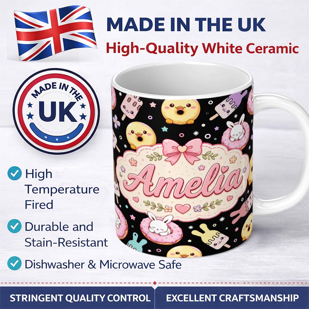 Personalized Custom Name Cute Bunny Ice Cream Donut Dessert Sweet Kawaii Seamless Pattern 11oz Ceramic Coffee Tea Mug White Large Handle