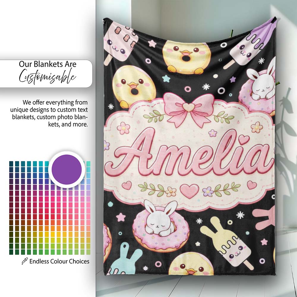 Cute Bunny Ice Cream Donut Dessert Sweet Kawaii Seamless Pattern  Personalised Custom Name Super Soft Fleece Blanket Bed Sofa Throw