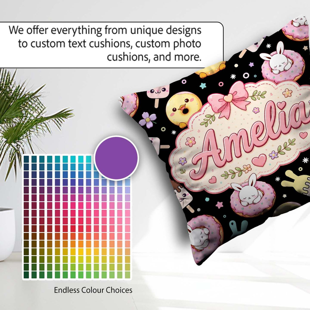 Custom Name Bunny Ice Cream Donut Dessert Sweet Seamless Pattern Square Filled Cushion Throw Pillow Sofa Bed Home Decor Zip Washable UK Made