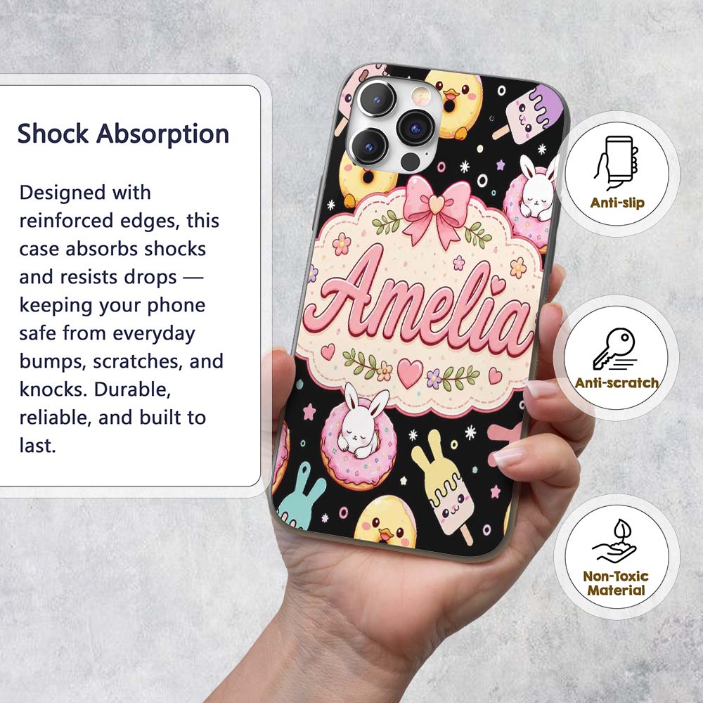 Cute Bunny Ice Cream Donut Dessert Sweet Kawaii Custom Name Protective Phone Case Mobile Cover Durable Everyday Smartphone Shock Resistant