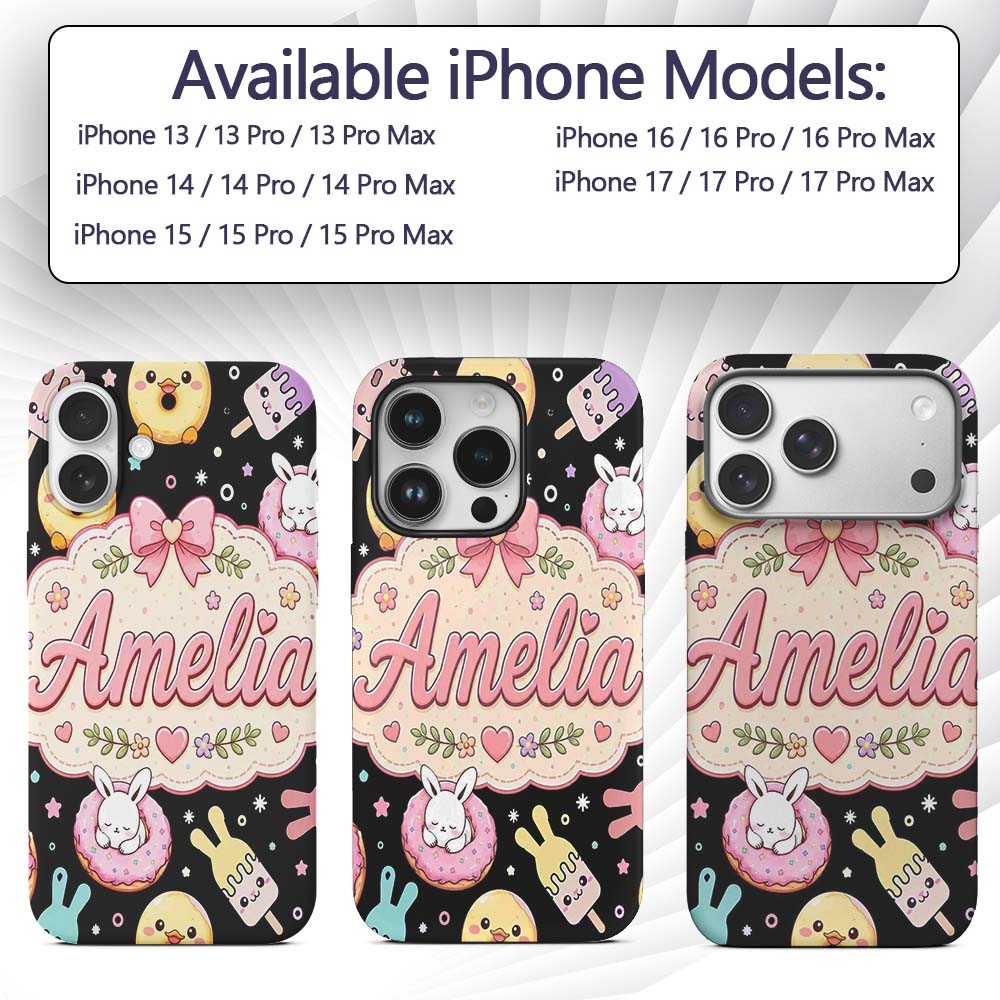 Cute Bunny Ice Cream Donut Dessert Sweet Kawaii Custom Name Protective Phone Case Mobile Cover Durable Everyday Smartphone Shock Resistant