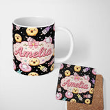 Personalized Custom Name Cute Bunny Popsicle Donut Chick Kawaii Dessert Easter Seamless 11oz Ceramic Coffee Tea Mug White Large Handle