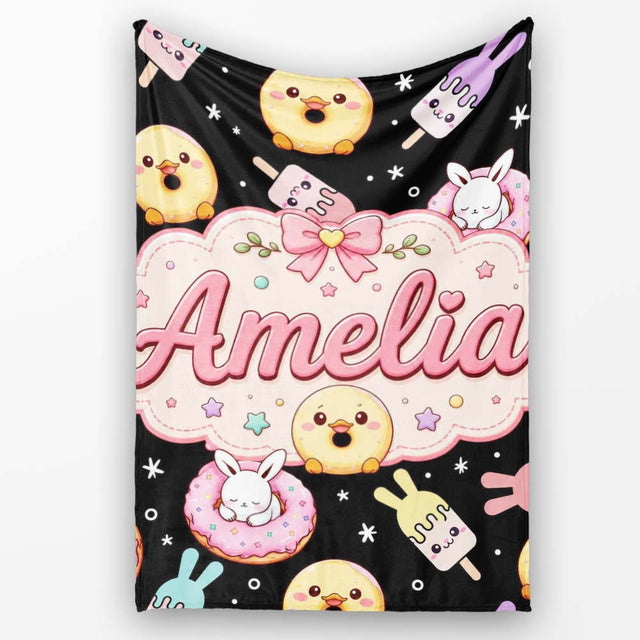 Cute Bunny Popsicle Donut Chick Kawaii Dessert Easter Seamless  Personalised Custom Name Super Soft Fleece Blanket Bed Sofa Throw