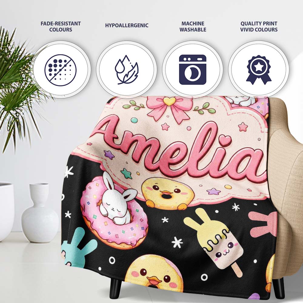 Cute Bunny Popsicle Donut Chick Kawaii Dessert Easter Seamless  Personalised Custom Name Super Soft Fleece Blanket Bed Sofa Throw
