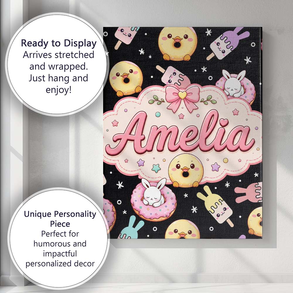 Personalised Name Cute Bunny Popsicle Donut Custom  Bespoke Interior Contemporary Canvas Wall Art Print Decor Picture Ready to Hang