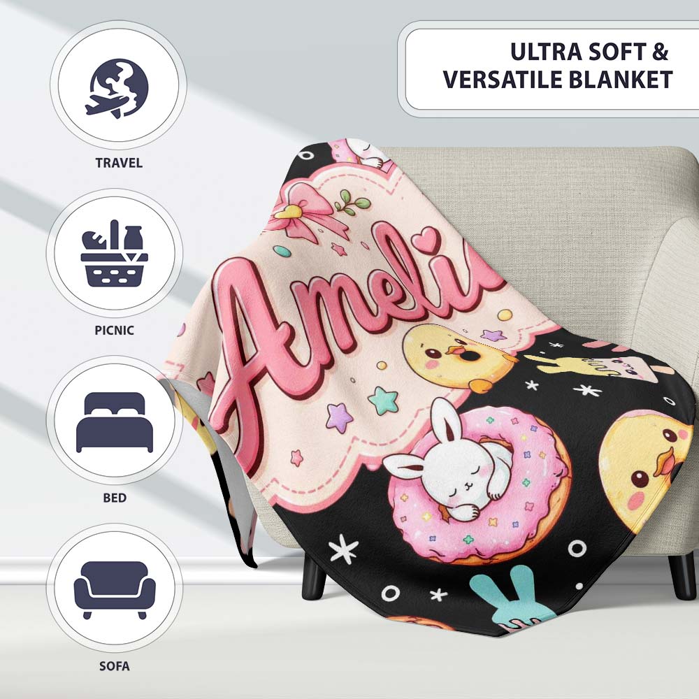 Cute Bunny Popsicle Donut Chick Kawaii Dessert Easter Seamless  Personalised Custom Name Super Soft Fleece Blanket Bed Sofa Throw
