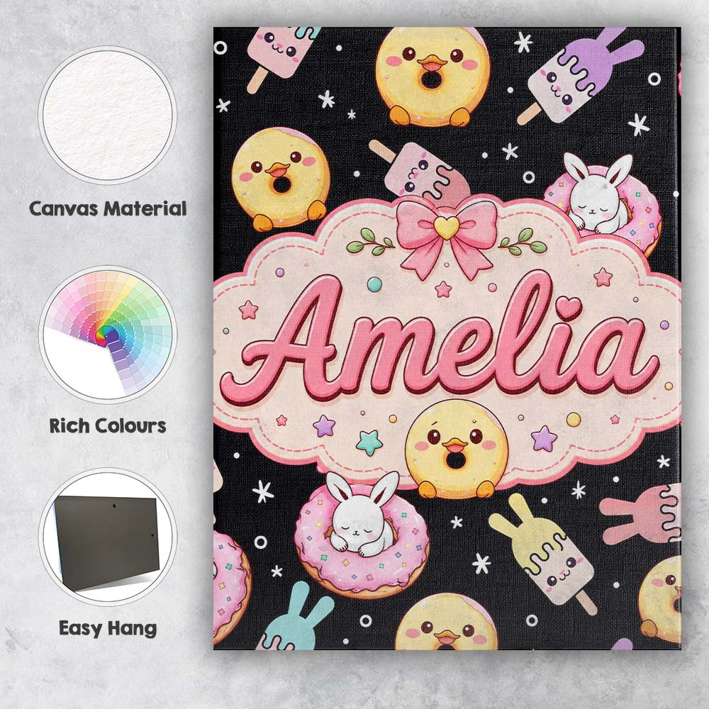 Personalised Name Cute Bunny Popsicle Donut Custom  Bespoke Interior Contemporary Canvas Wall Art Print Decor Picture Ready to Hang