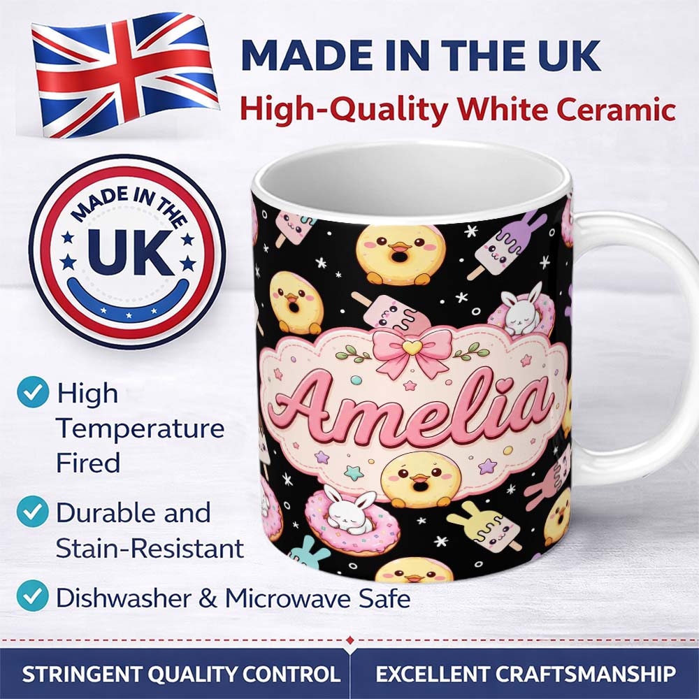 Personalized Custom Name Cute Bunny Popsicle Donut Chick Kawaii Dessert Easter Seamless 11oz Ceramic Coffee Tea Mug White Large Handle