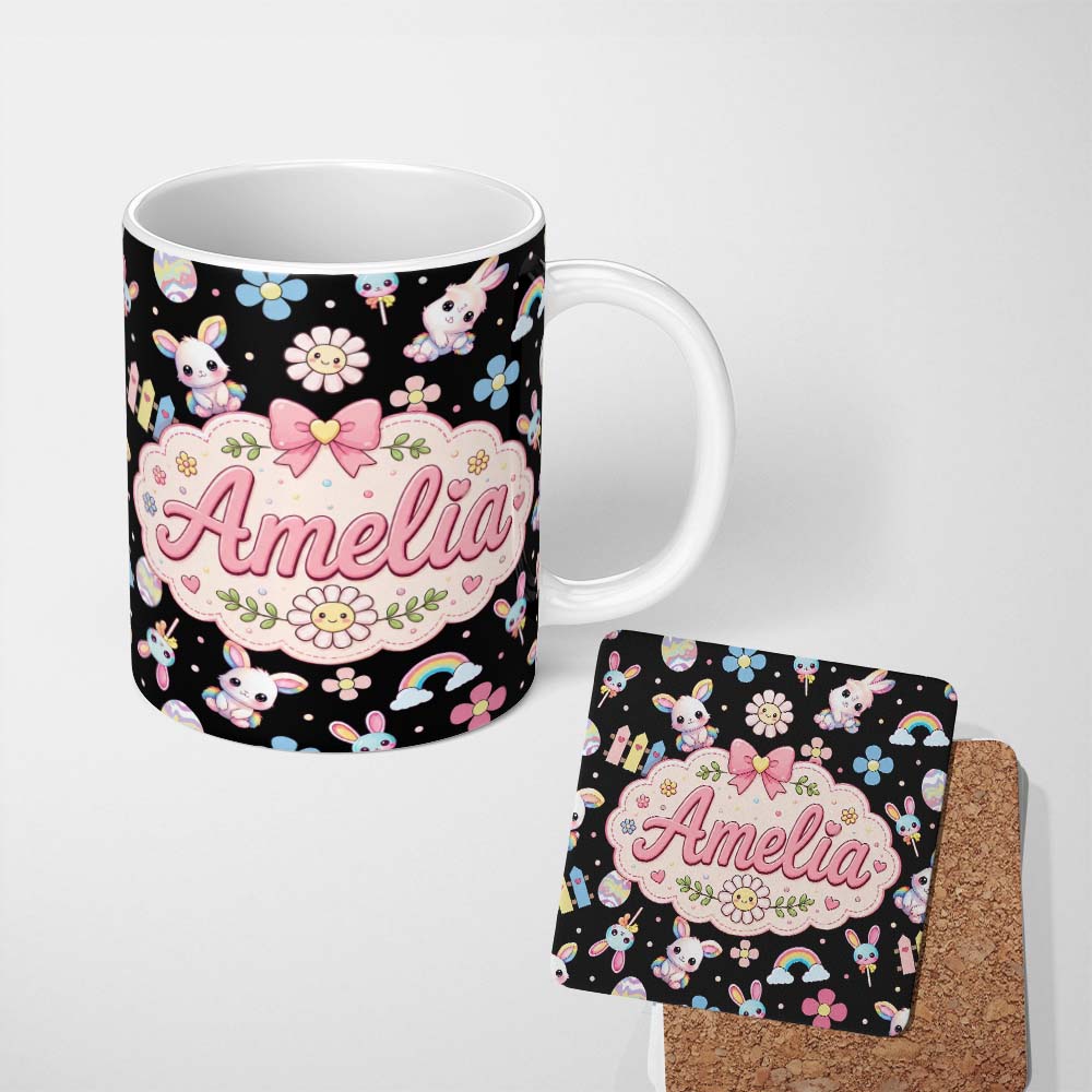 Personalized Custom Name Cute Rainbow Bunny Flowers Eggs Pastel Spring Easter Seamless 11oz Ceramic Coffee Tea Mug White Large Handle