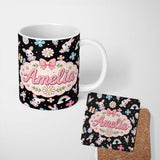 Personalized Custom Name Cute Rainbow Bunny Flowers Eggs Pastel Spring Easter Seamless 11oz Ceramic Coffee Tea Mug White Large Handle