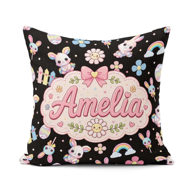 Custom Name Cute Rainbow Bunny Flowers Eggs Pastel Spring Easter Square Filled Cushion Throw Pillow Sofa Bed Home Decor Zip Washable UK Made