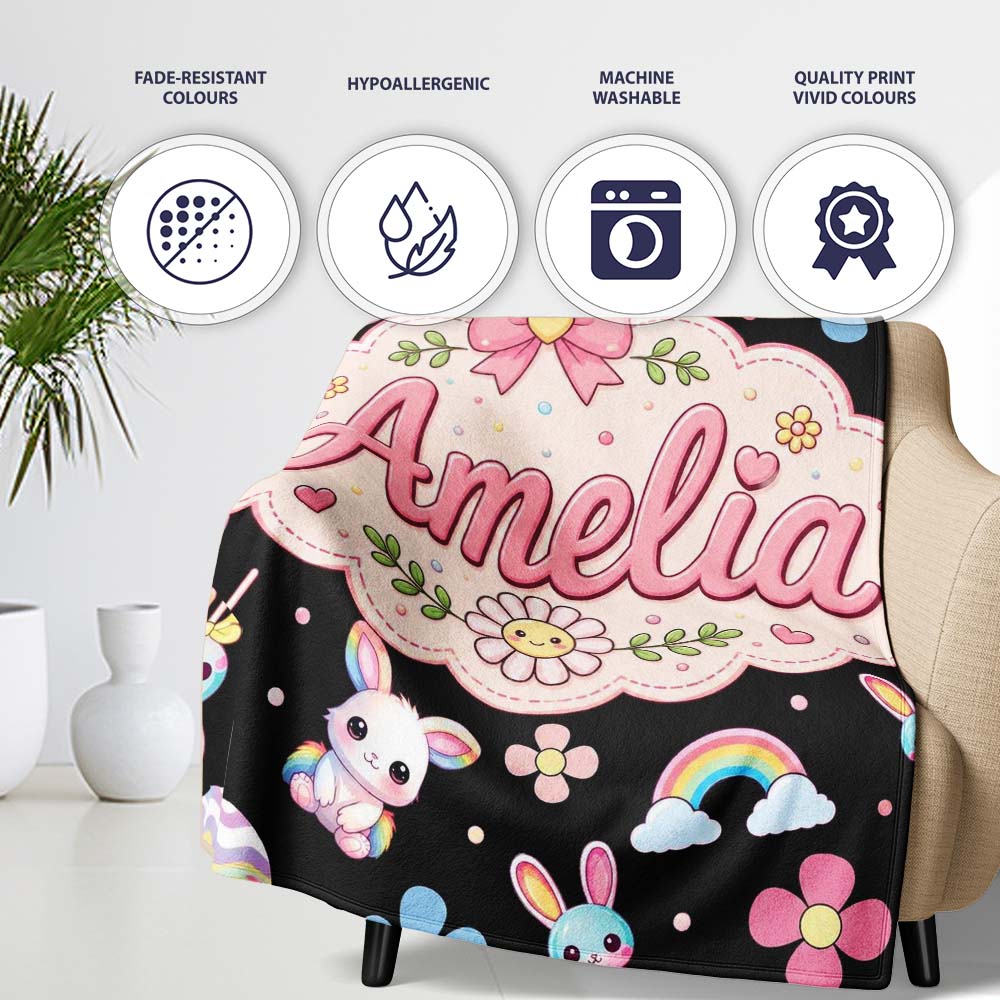 Cute Rainbow Bunny Flowers Eggs Pastel Spring Easter Seamless  Personalised Custom Name Super Soft Fleece Blanket Bed Sofa Throw